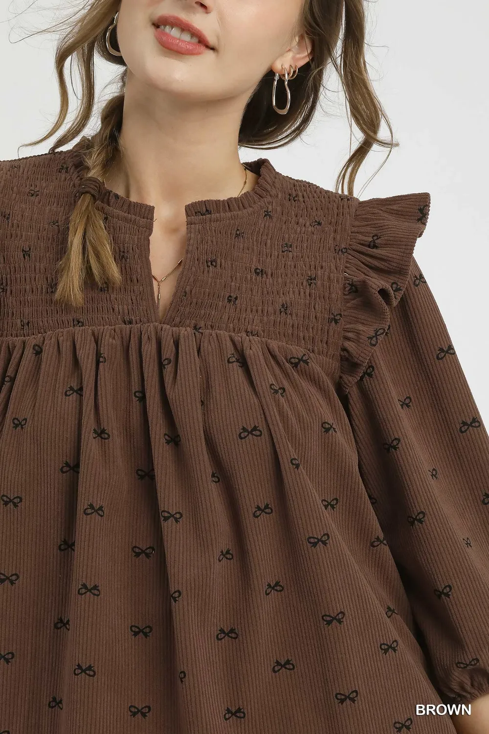 Bow Print Corduroy Puff Sleeve Blouse with Ruffled, image 6