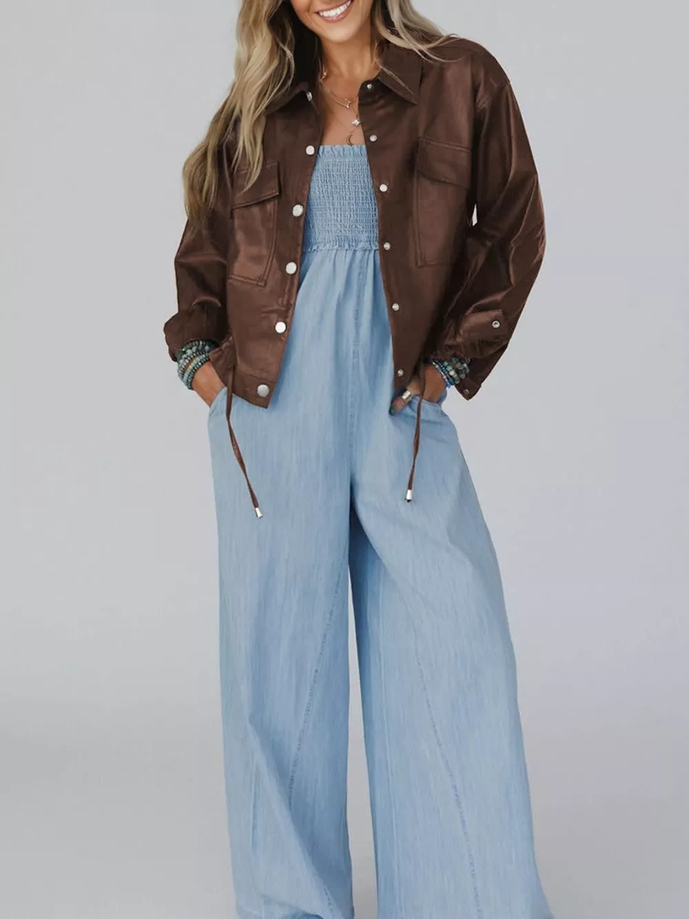 Double Flap Pocket Drawstring Hem Leather Jacket, image 5