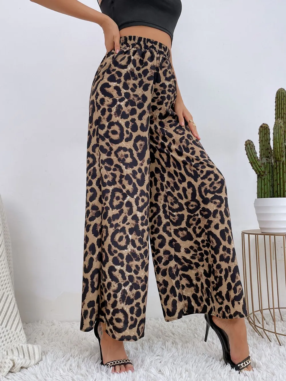 Printed Elastic Waist Wide Leg Pants, image 2
