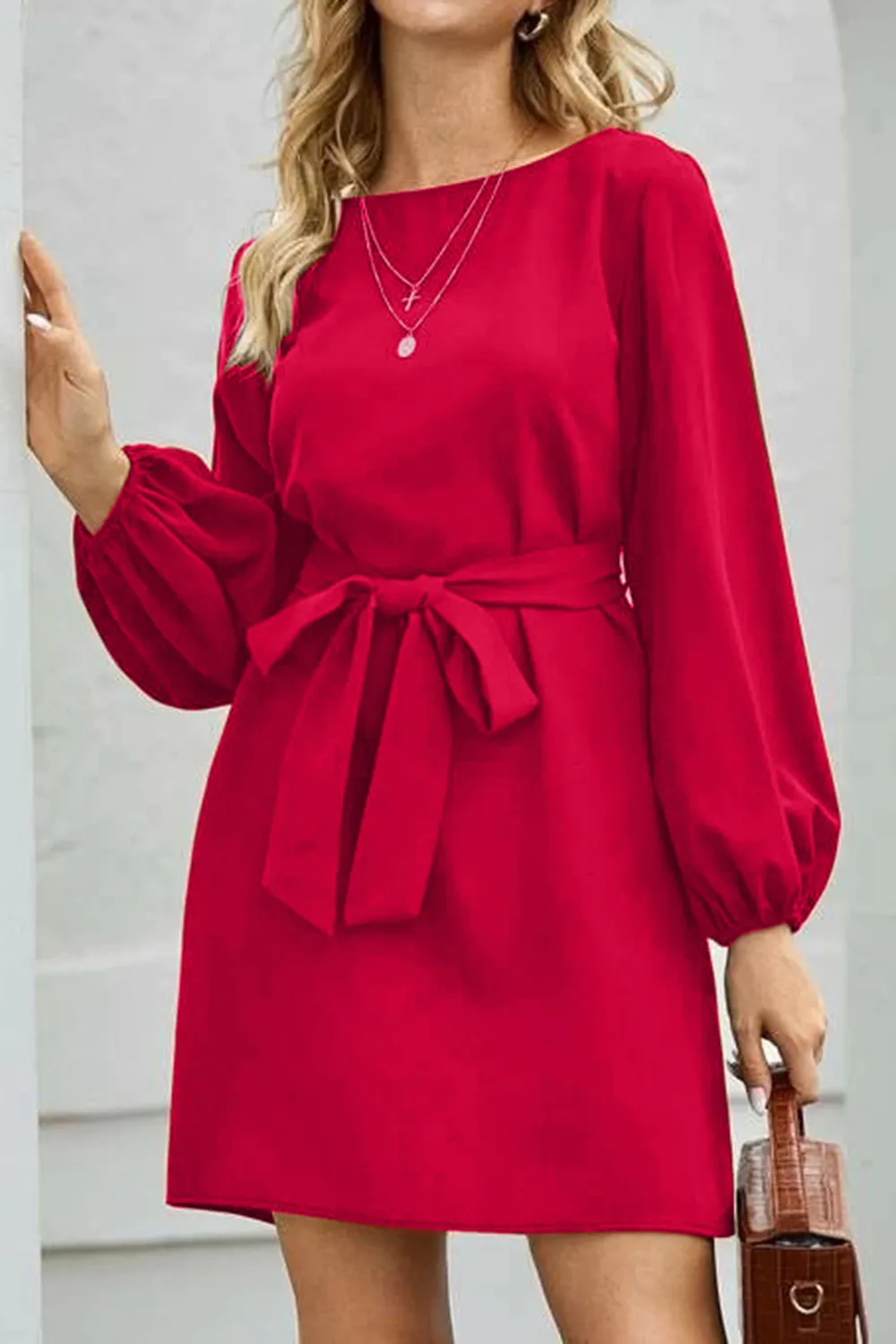 Tied Boat Neck Balloon Sleeve Mini Dress, image 5