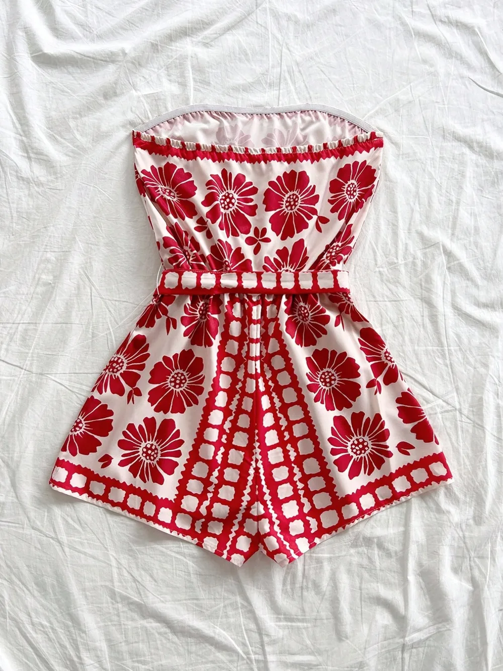 Printed Tube Tie Waist Romper, image 3
