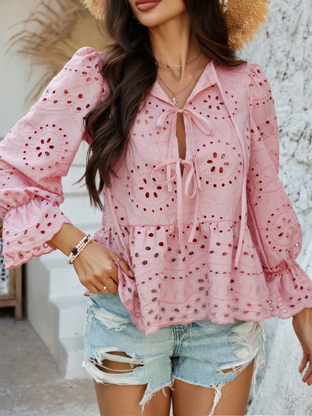 Tie Front Flounce Sleeve Peplum Blouse, image 21