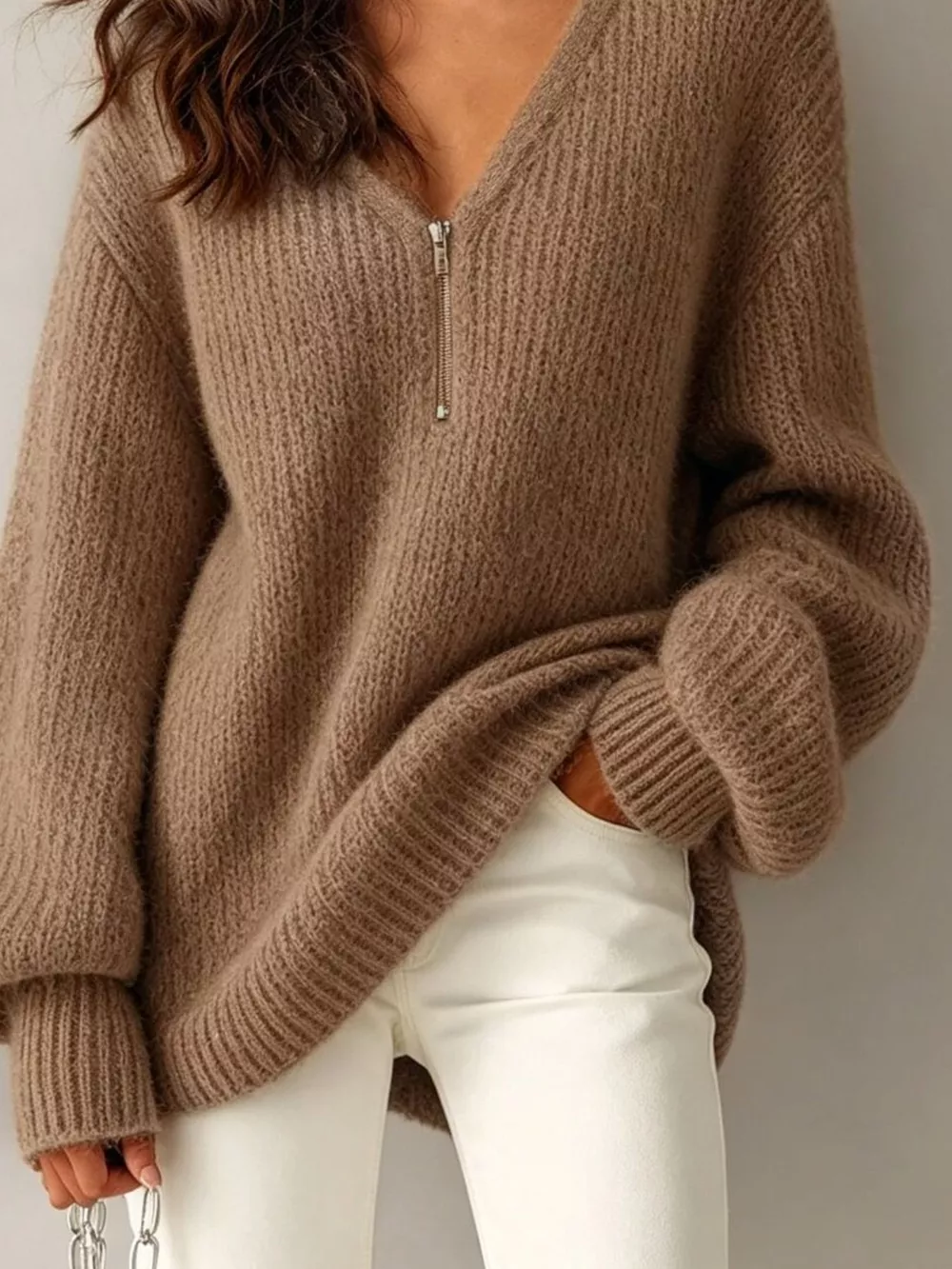 Quarter Zip Dropped Shoulder Sweater, image 6