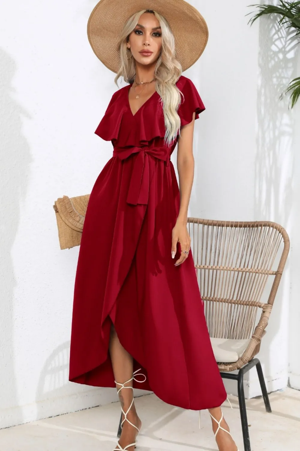 Ruffled Tied V-Neck Midi Dress, image 4