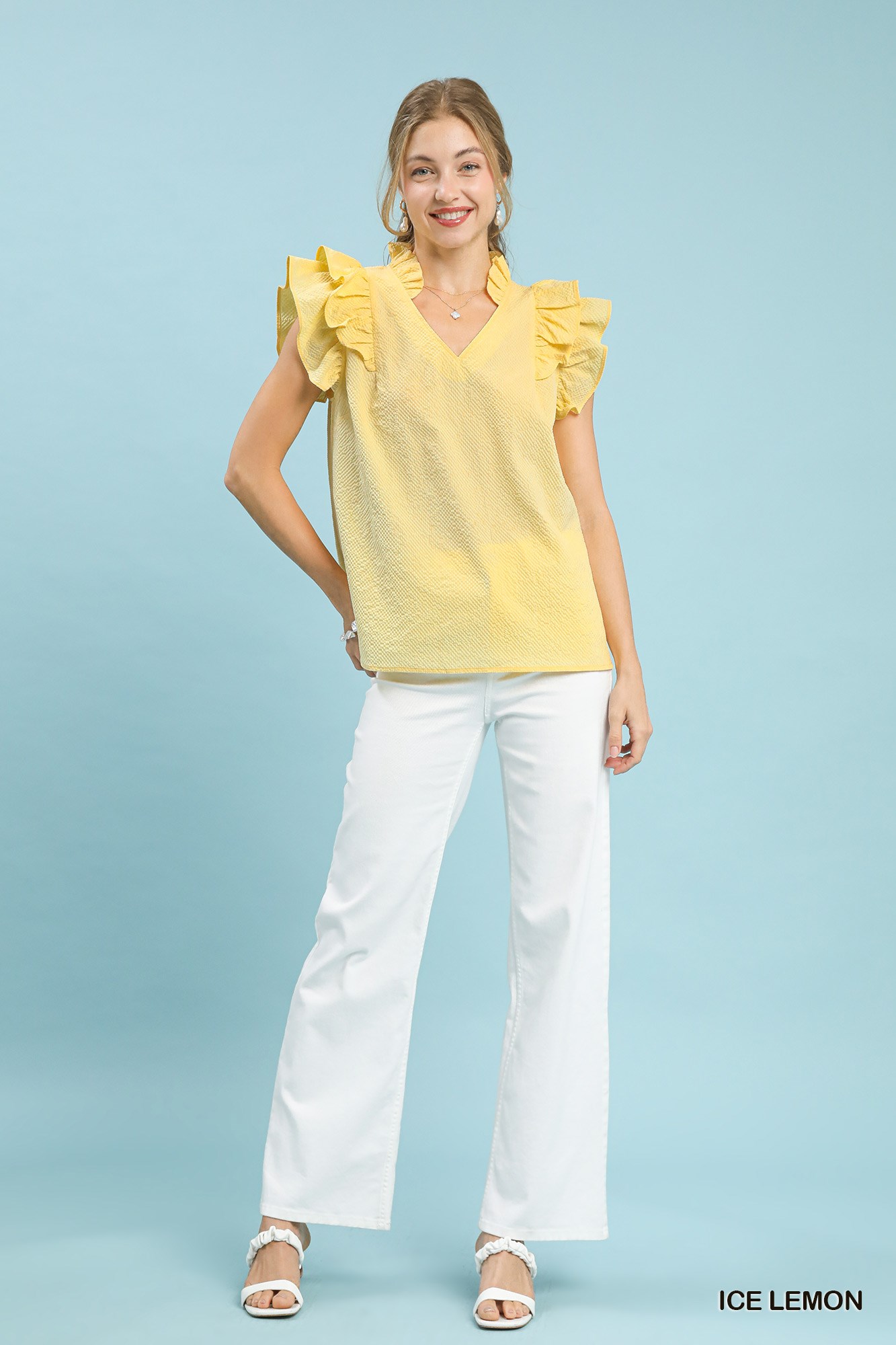 Textured Ruffle Sleeve V-Neck Blouse, image 3