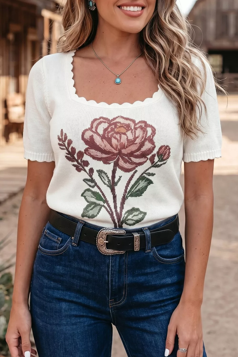 Flower Scalloped Hem Short Sleeve Knit Top, image 4