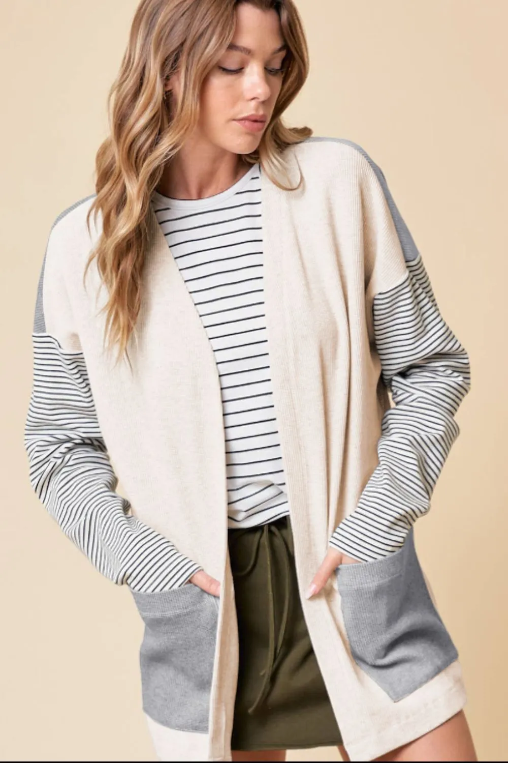 Open Front Long Sleeve Striped Cardigan with Pockets, image 2