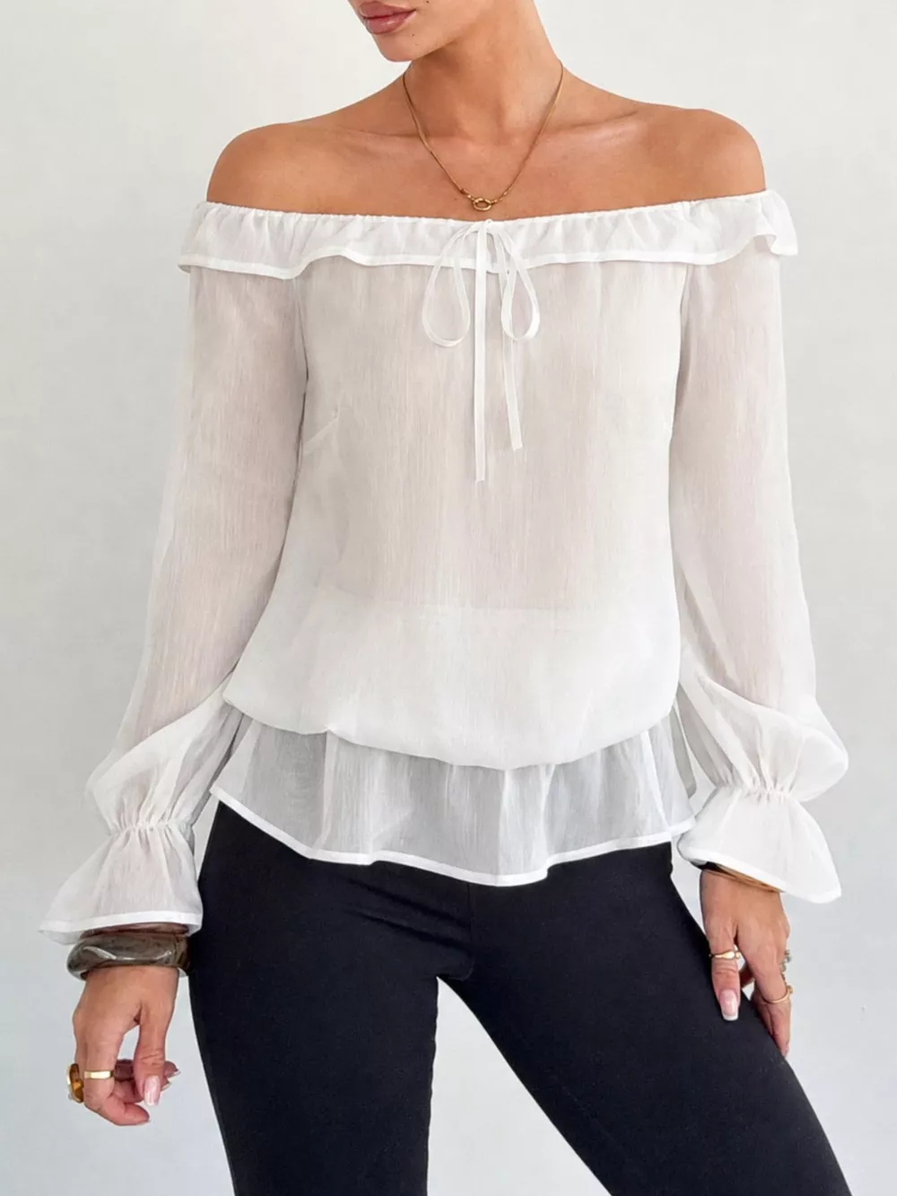Off-Shoulder Flounce Sleeve Chiffon Blouse, image 8