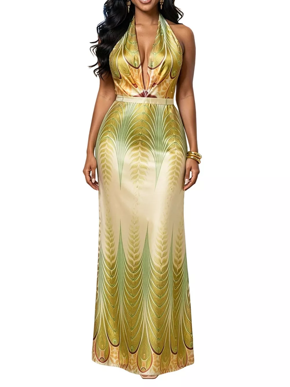 Elegant Halter Neck Maxi Dress with Gradient Leaf Print, image 5