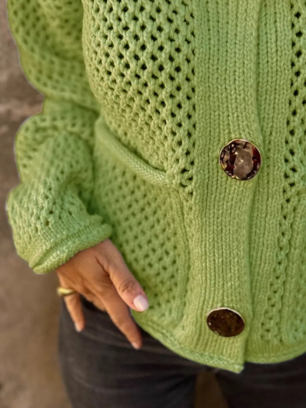 Crochet Button Up Long Sleeve Cardigan, image 3