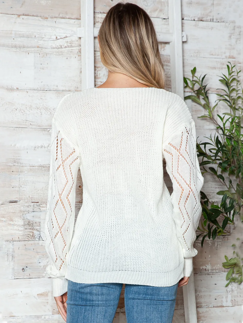 Openwork V-Neck Long Sleeve Sweater, image 3