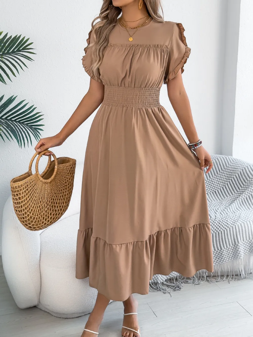 Smocked Frill Round Neck Midi Dress, image 2