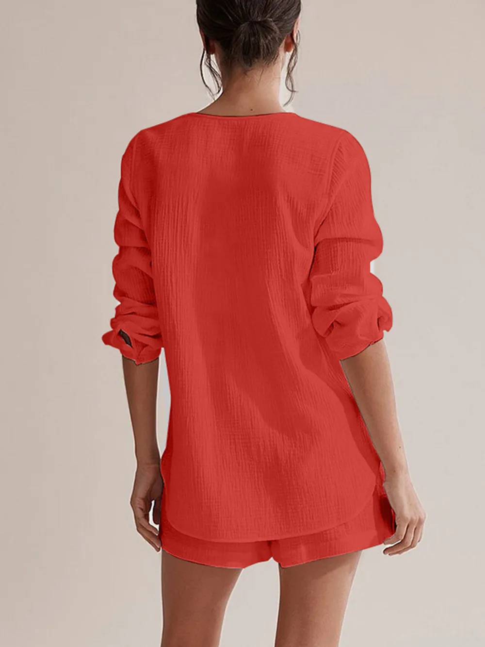 Notched Long Sleeve Top and Shorts Set, image 4
