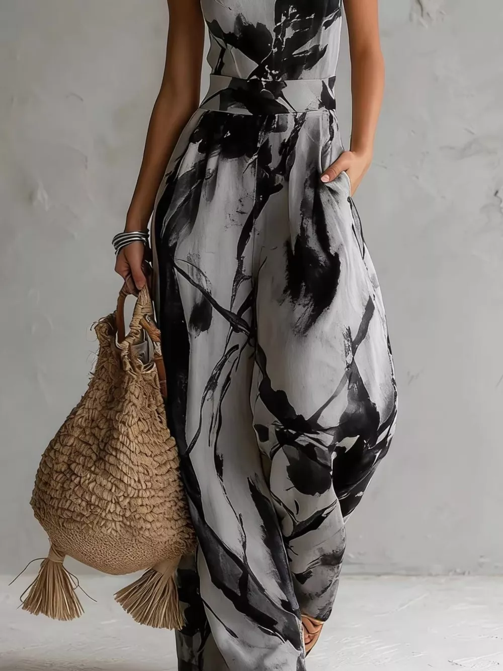 Ink Wash Print Halter Neck Wide-Leg Jumpsuit, image 9