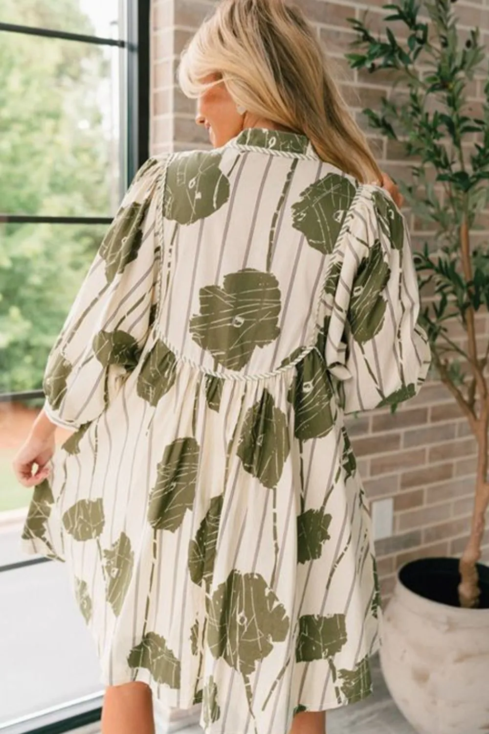 Printed Tie Neck Three-Quarter Sleeve Mini Dress, image 2