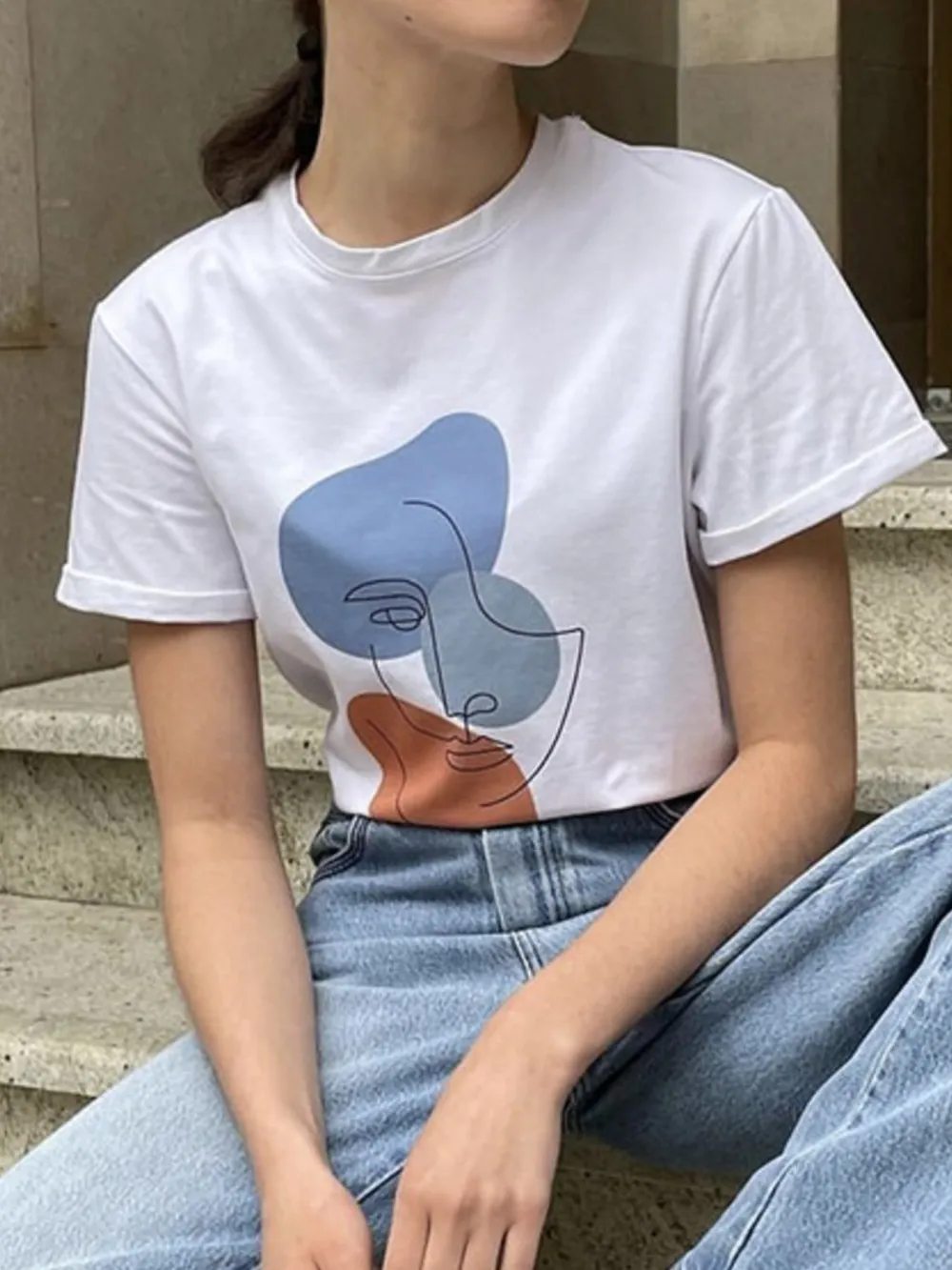 Abstract Face Graphic Casual Round Neck T-Shirt, image 5