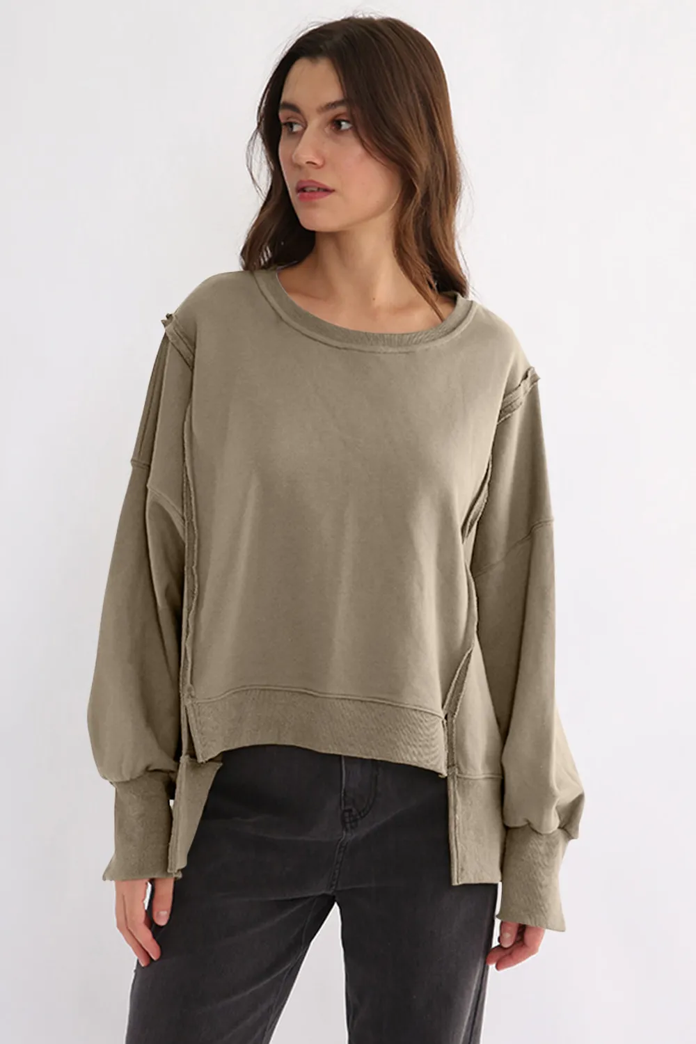 Exposed Seam High-Low Long Sleeve Sweatshirt, image 19