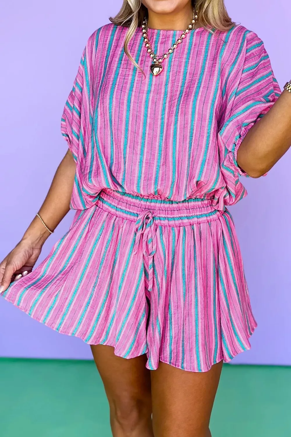 Stripe Dolman Short Sleeve Blouse Drawstring Elastic Waist Loose Short Set, image 4
