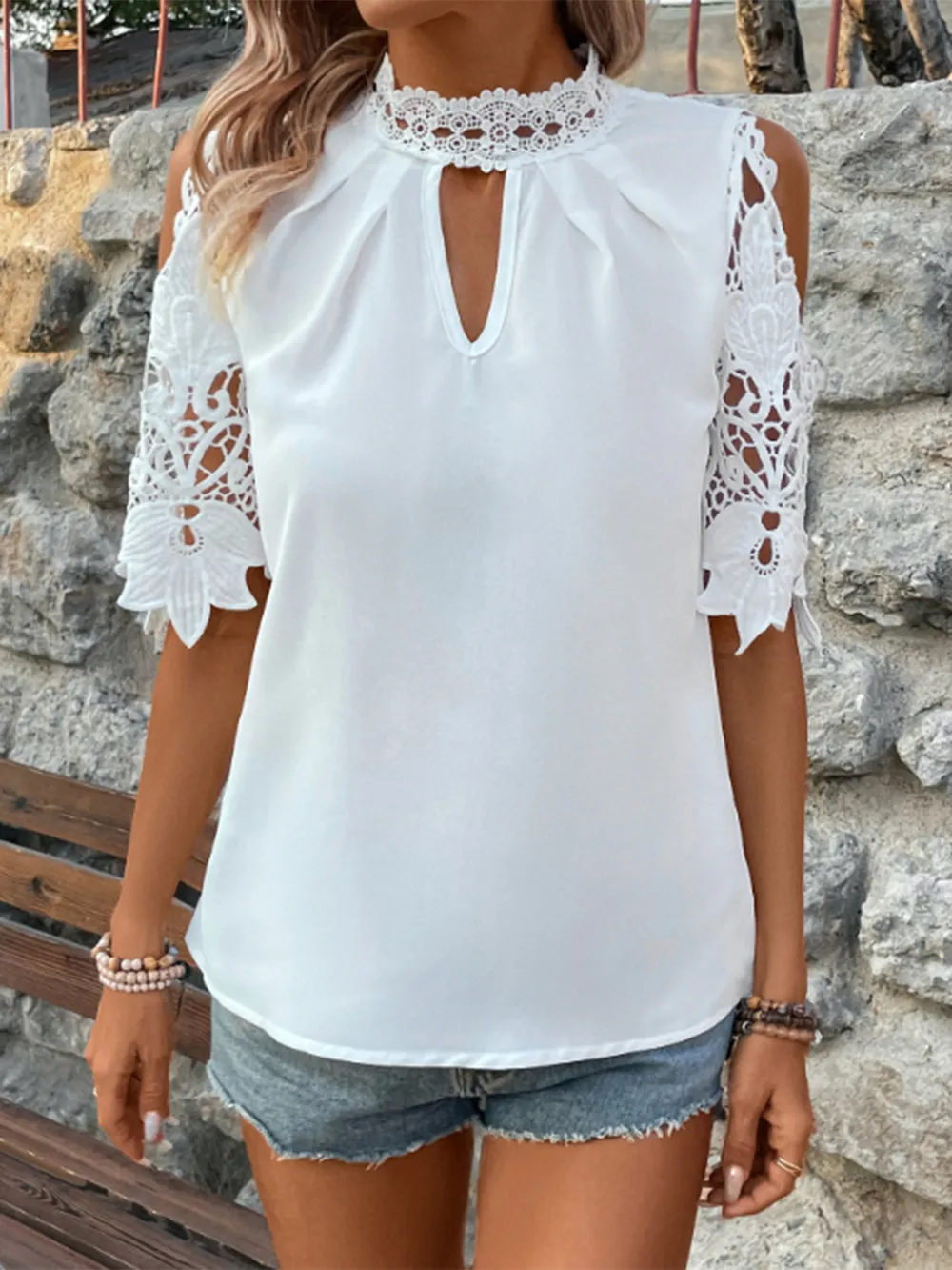 Lace Mock Neck Cold Shoulder Blouse, image 2