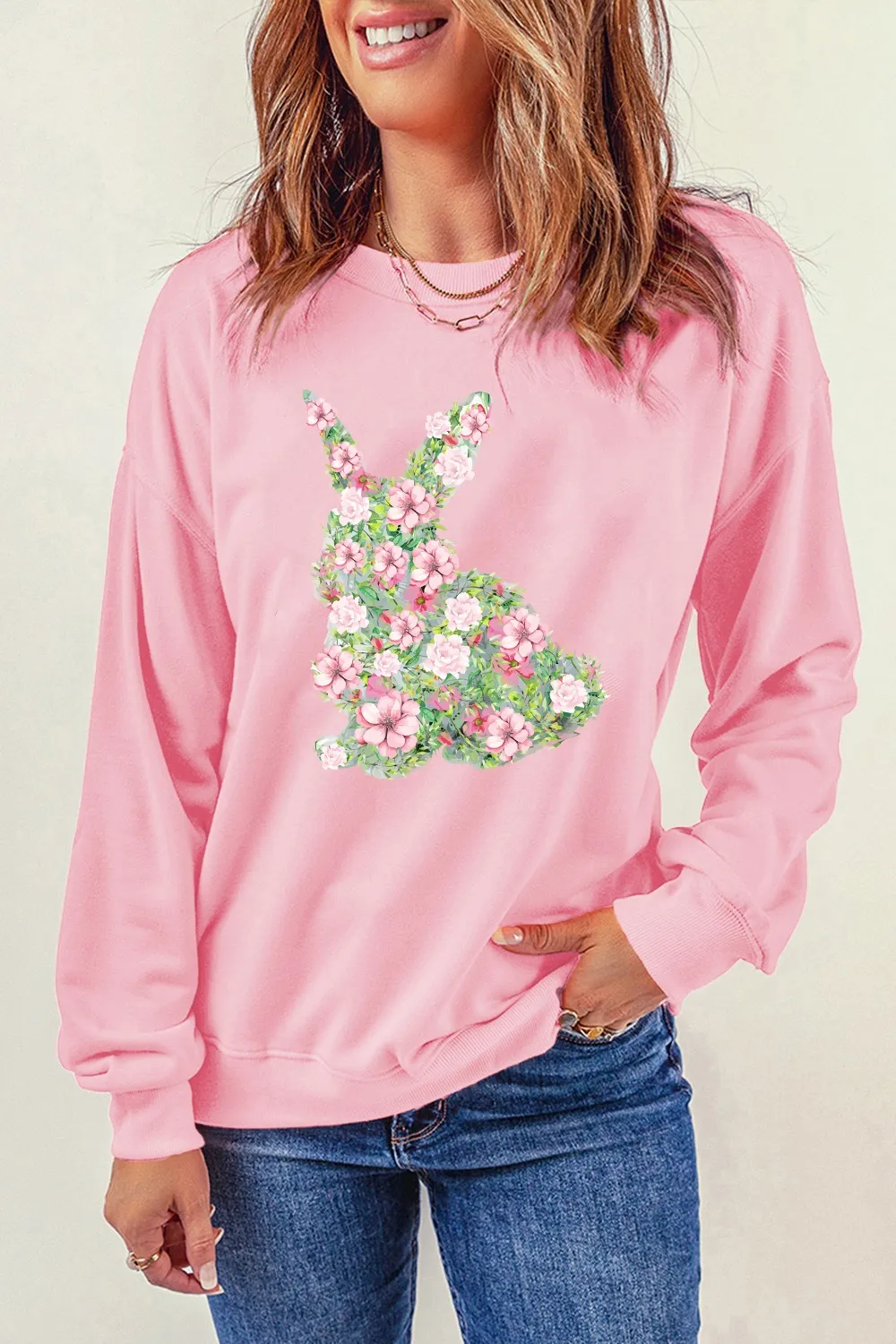 Floral Bunny Round Neck Long Sleeve Sweatshirt, image 2