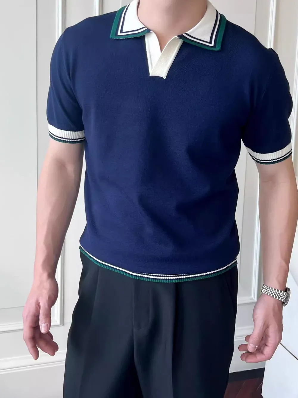 Men's Plus Size Classic Striped Collar Knit Polo Shirt, image 3