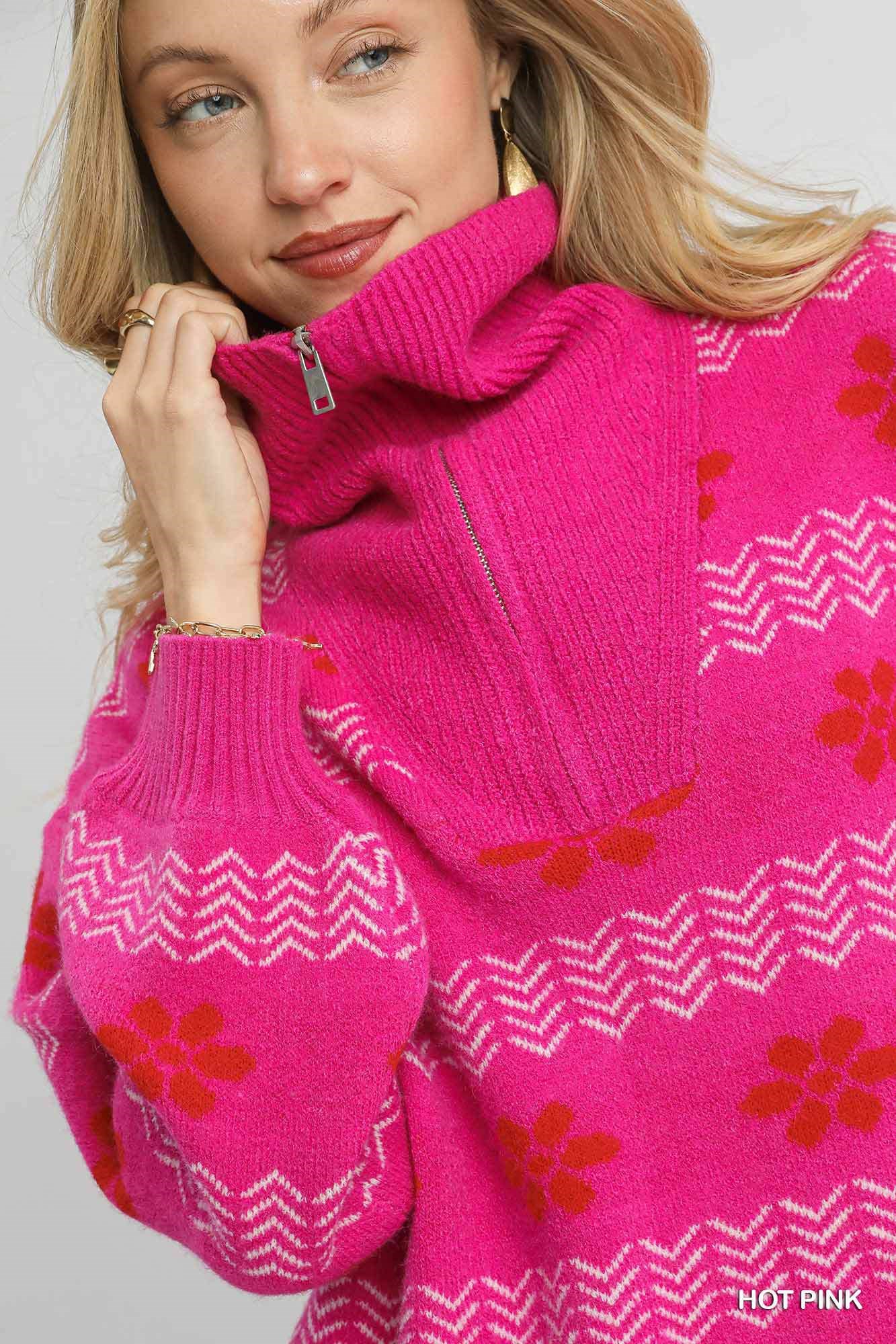 Floral Patterned Jacquard Quarter-Zip Pullover Sweater, image 6