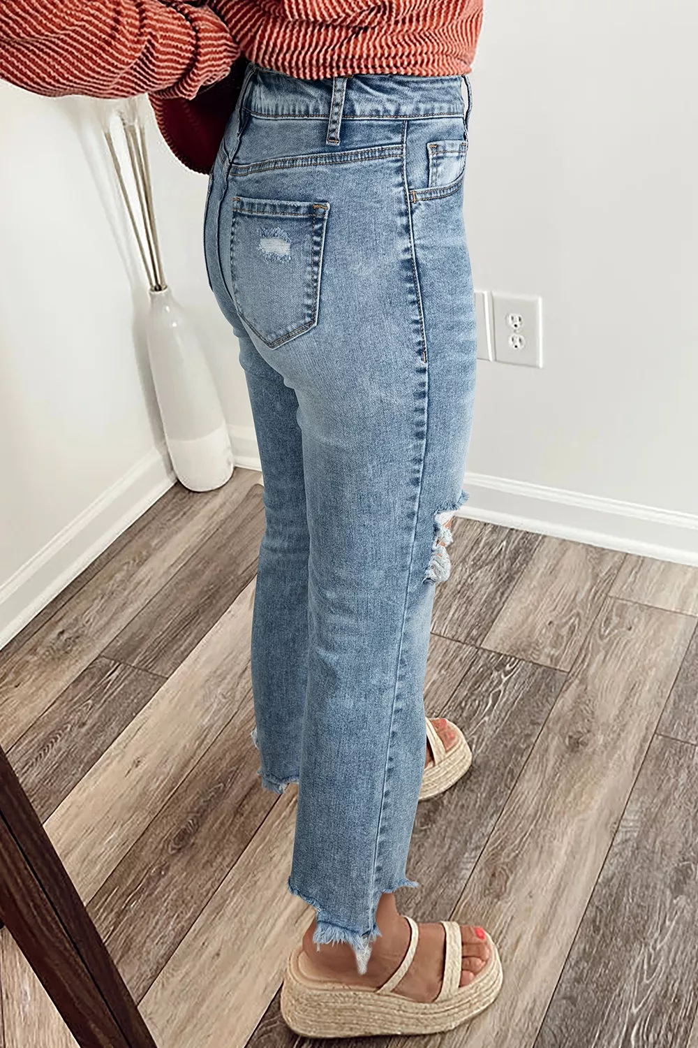 Raw Hem Ripped Open Knee Fit Flare Jeans, image 2