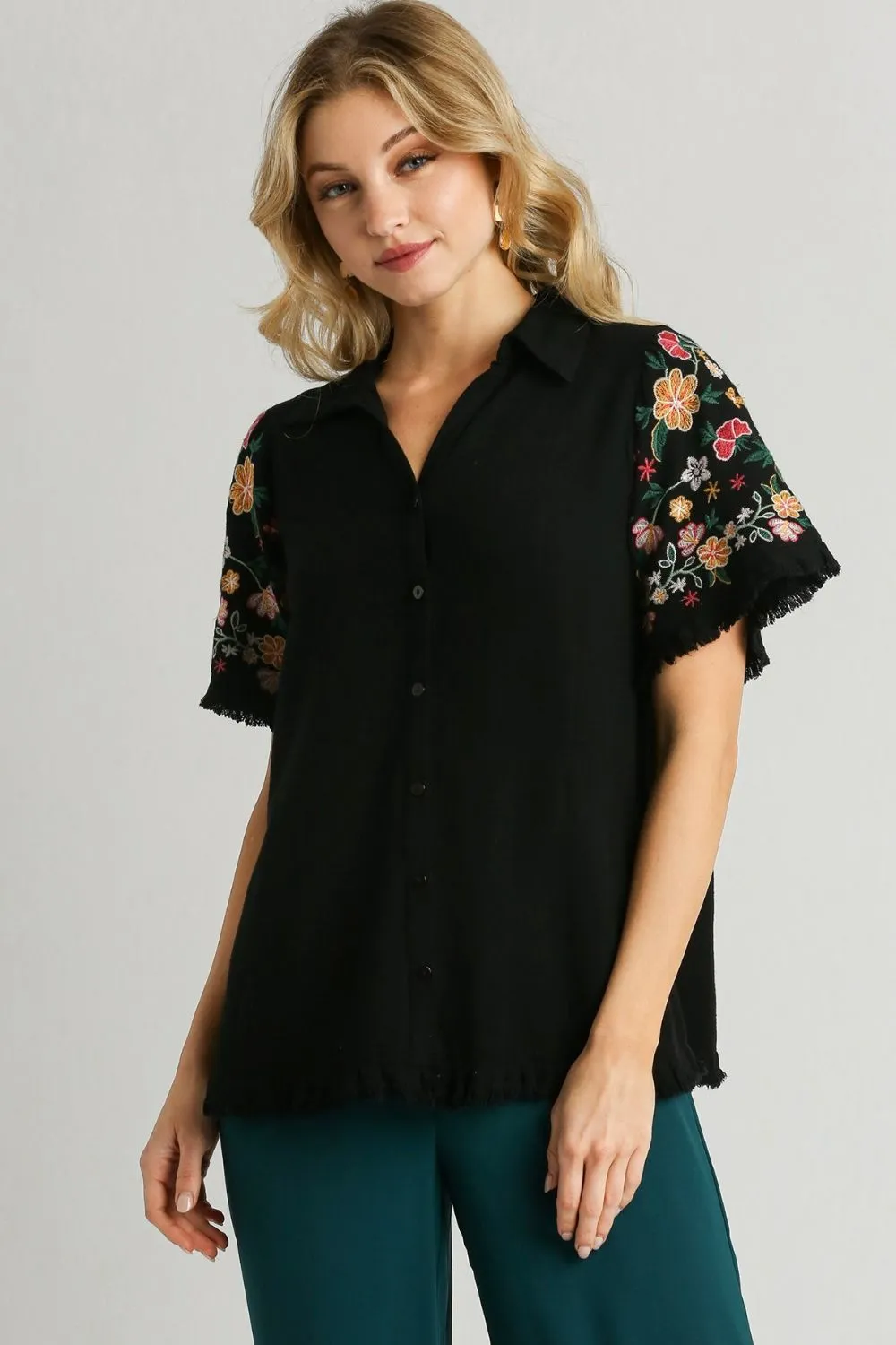 Full Size Linen Shirt with Embroidered Sleeves Plus Size
