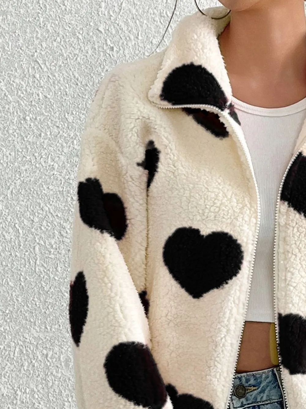 Heart Zip Up Drop Shoulder Furry Jacket, image 3