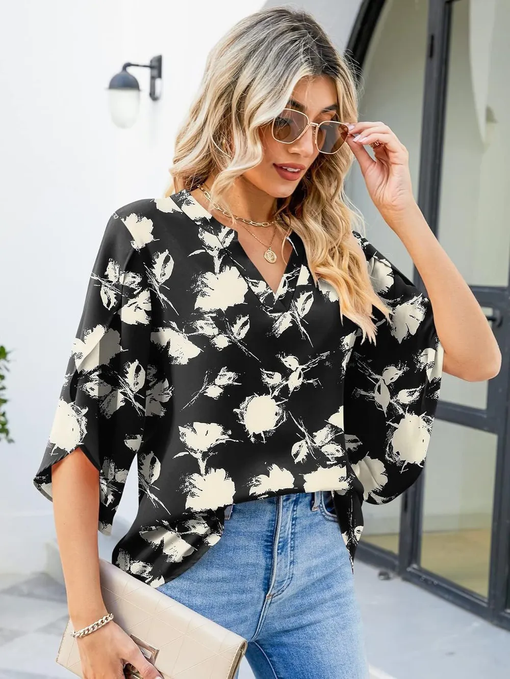 Printed Notched Half Sleeve Blouse, image 2