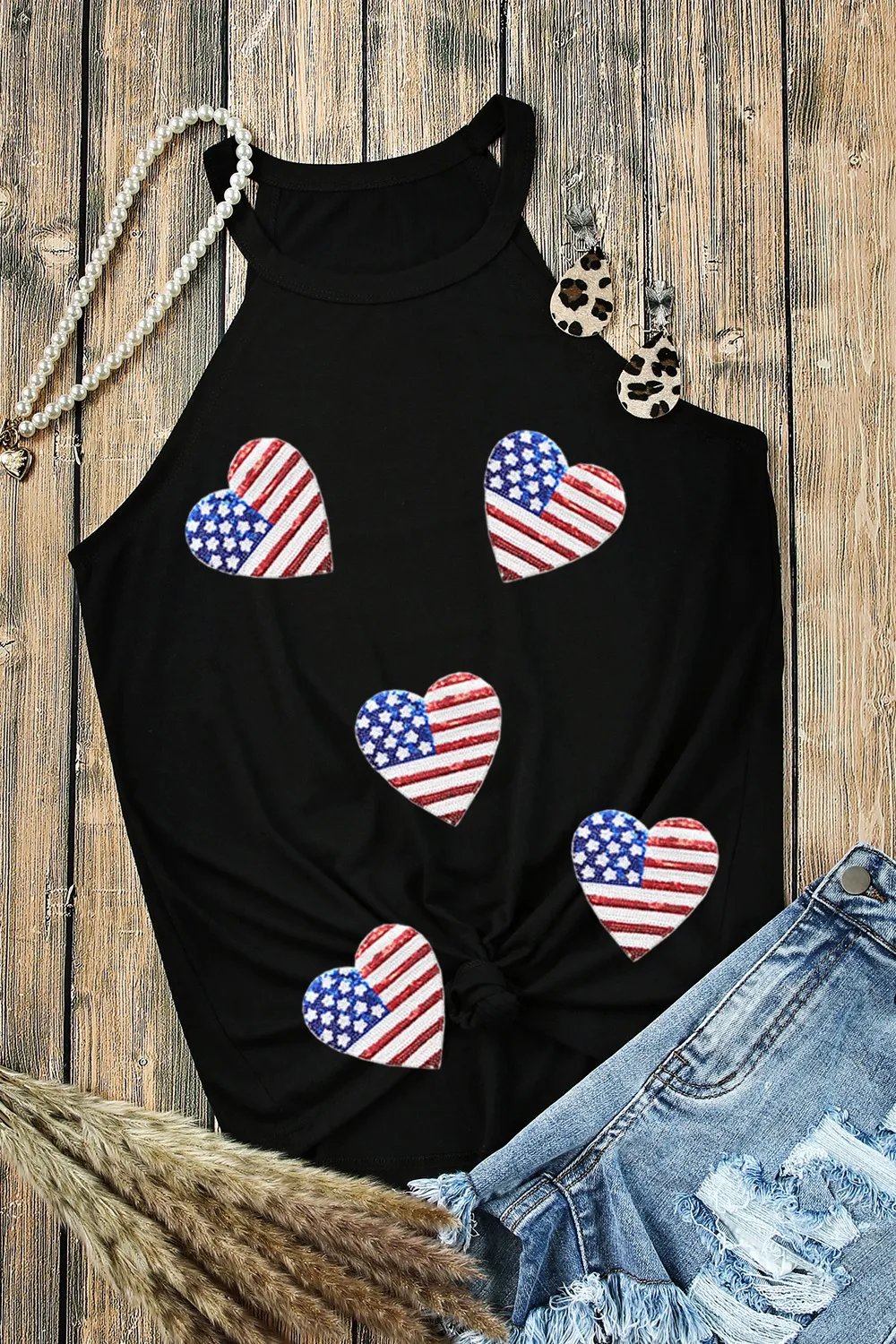 Heart US Flag Round Neck Grecian Neck Tank, image 2