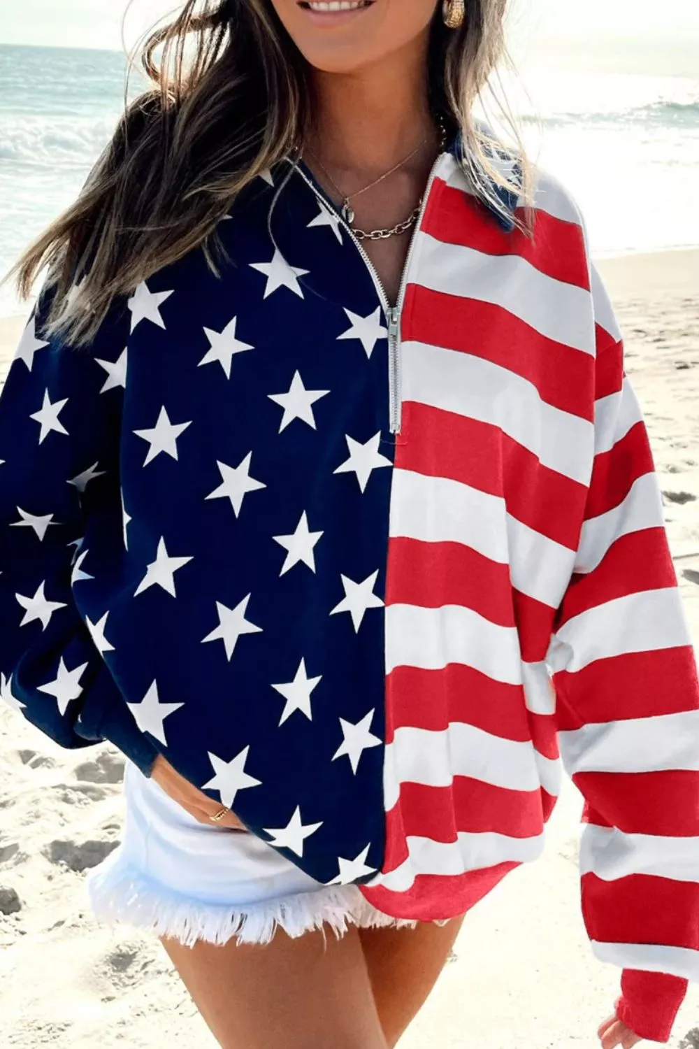 American Flag Print Half Zip Sweatshirt, image 2