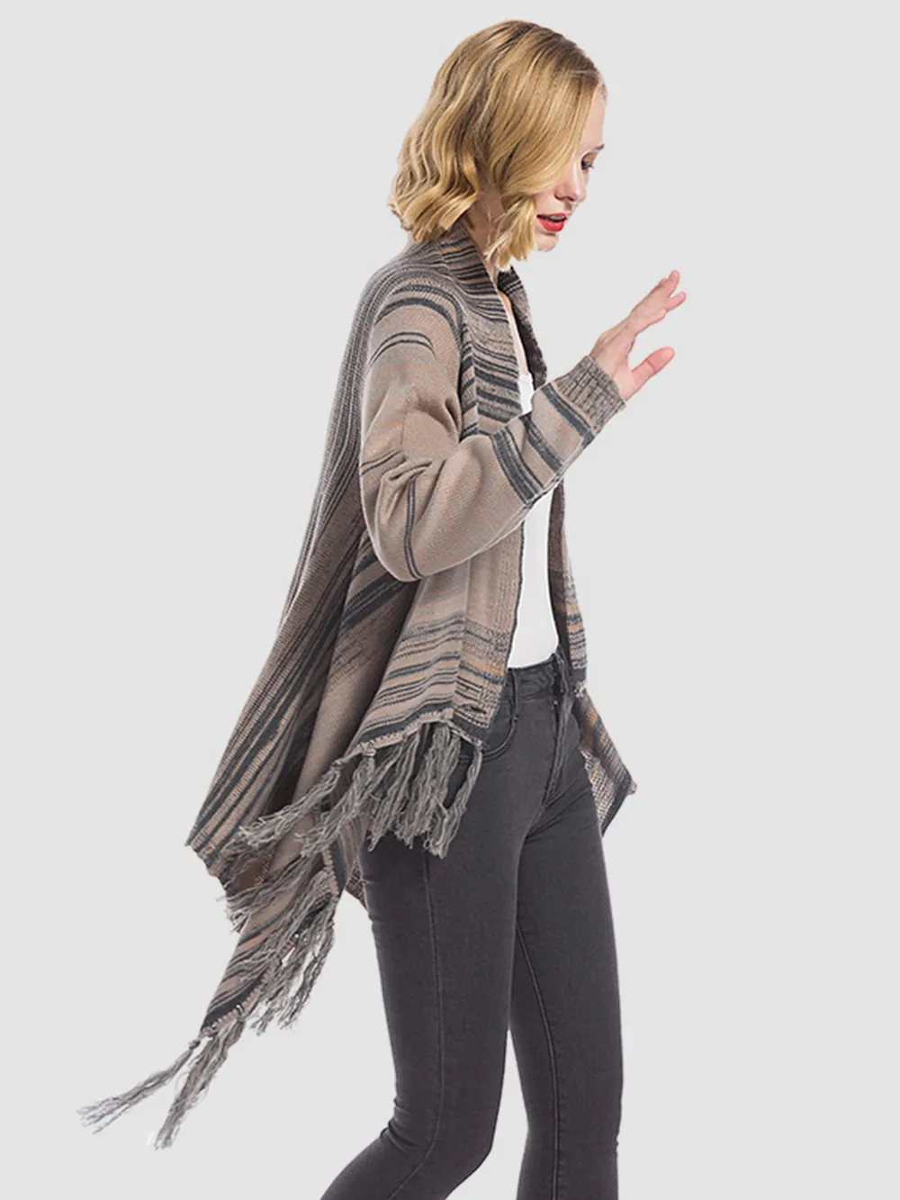 Tassel Striped Open Front Long Sleeve Cardigan, image 3
