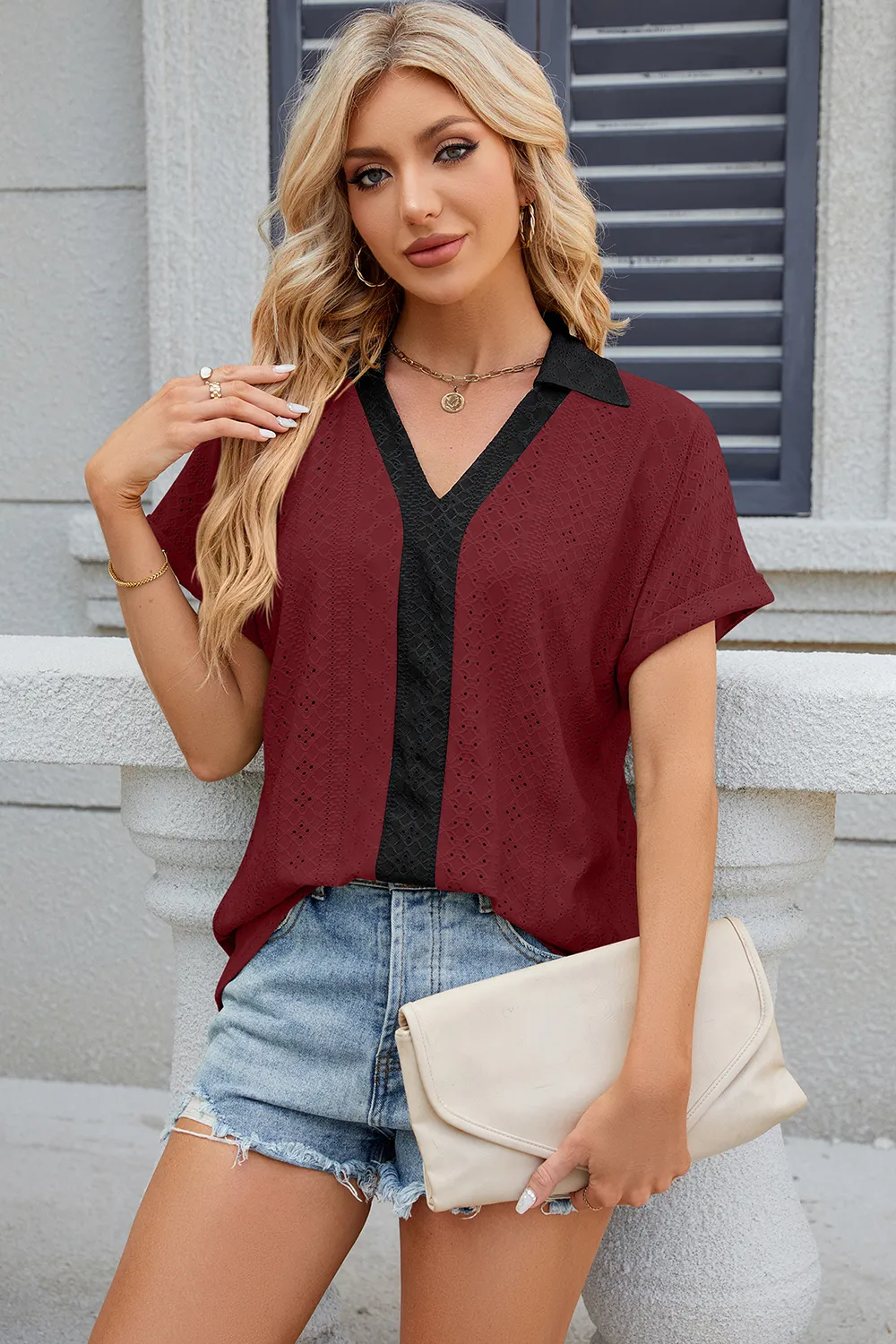 Eyelet Johnny Collar Short Sleeve T-Shirt, image 22