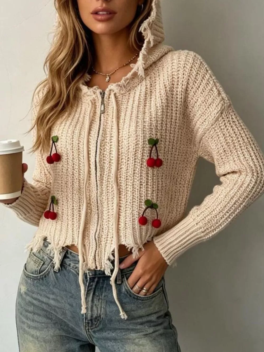 Cherry Knit Zip-Up Hooded Sweater, image 2