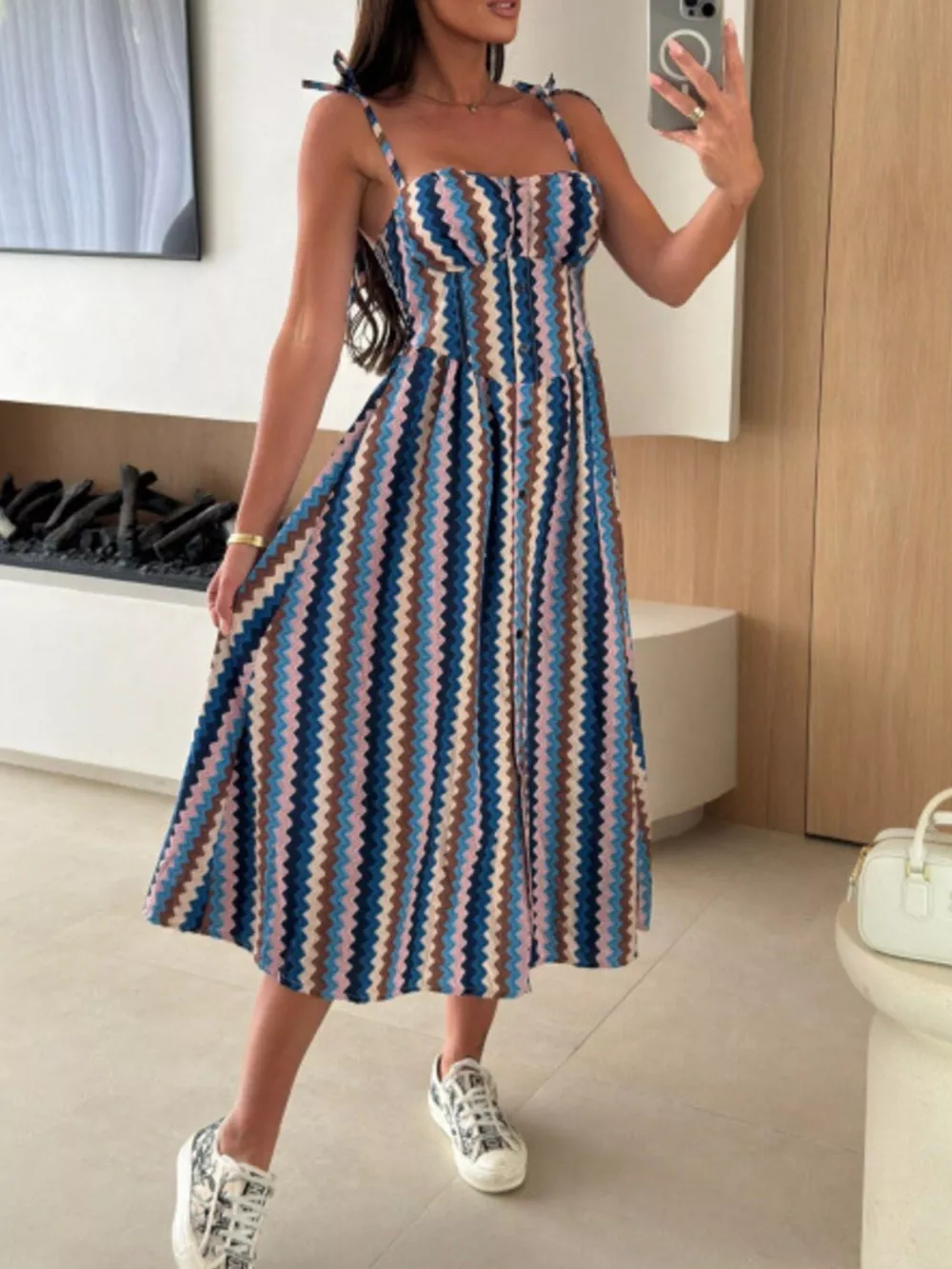 Striped Tie-Shoulder Midi Dress, image 2