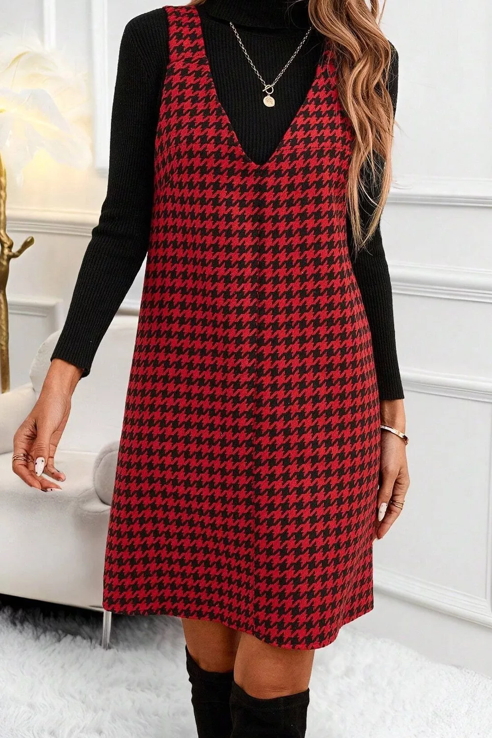 Houndstooth V-Neck Sleeveless Mini Dress, image 2