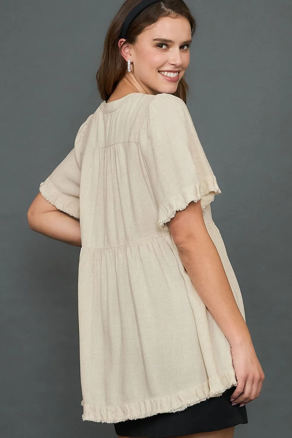 Full Size Raw Hem Notched Babydoll Linen Blouse Plus Size, image 2