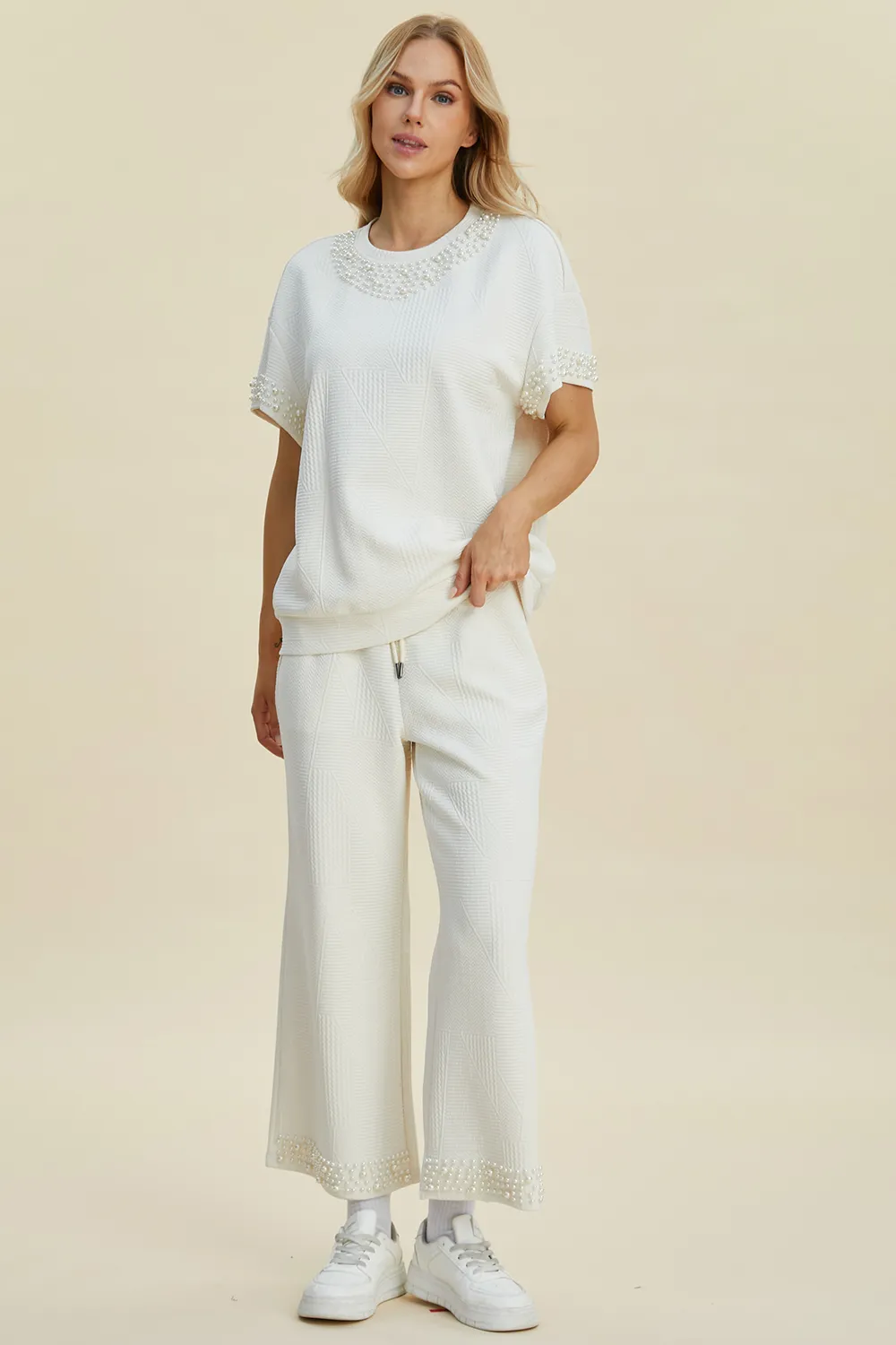 Full Size Pearl Detail Round Neck Top and Pants Set, image 2