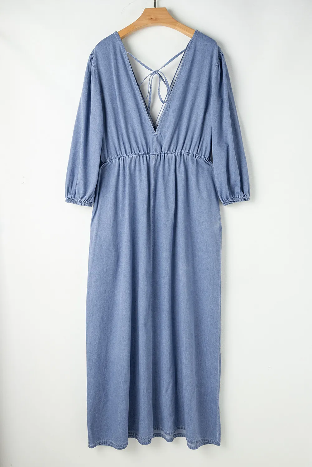 Tied Plunge Three-Quarter Sleeve Denim Dress, image 2