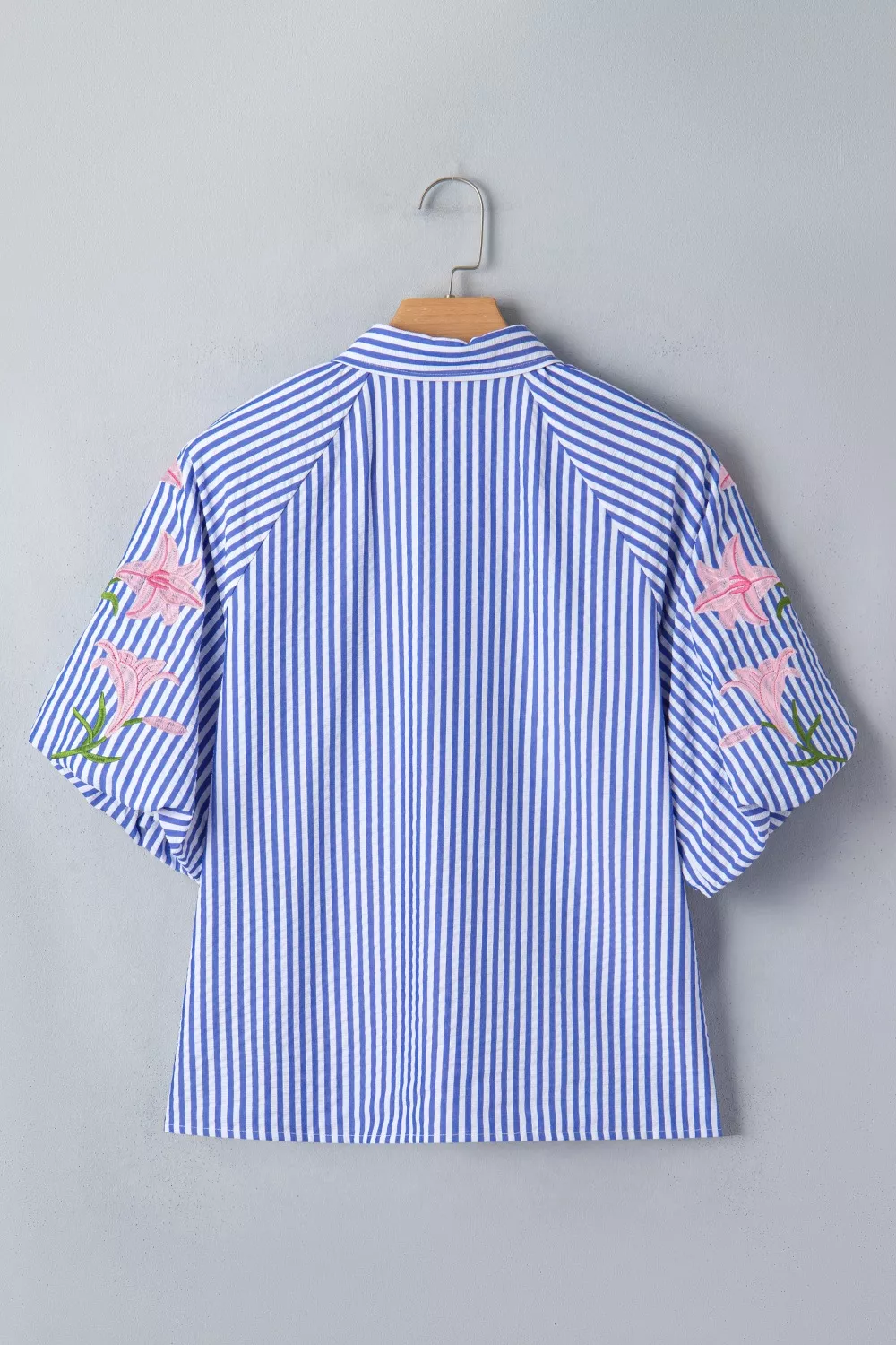 Striped Floral Embroidered Puff Sleeve Button Down Shirt, image 5