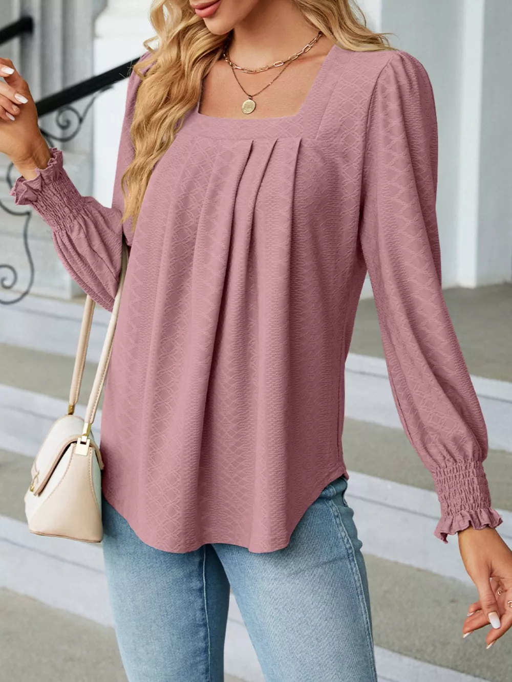 Pleated Square Neck Long Sleeve Top, image 20