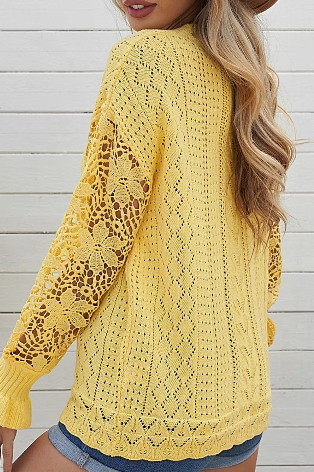 Openwork Round Neck Long Sleeve Sweater, image 2