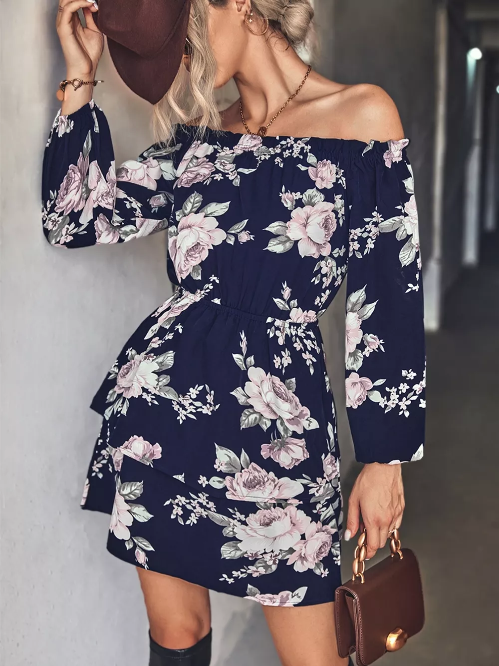 Off-Shoulder Floral Print Long Sleeve Mini Dress, image 2