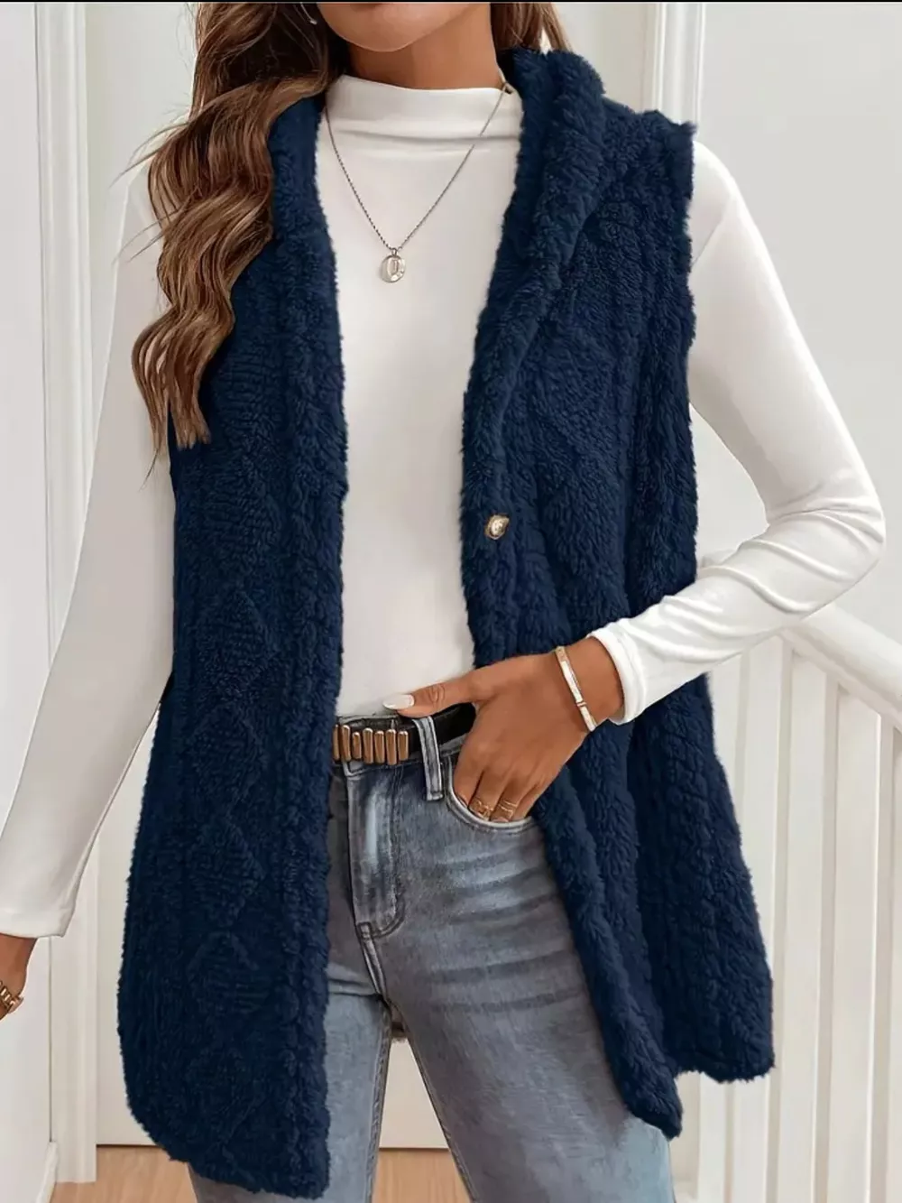 Hooded Button-Up Sherpa Vest Coat, image 2