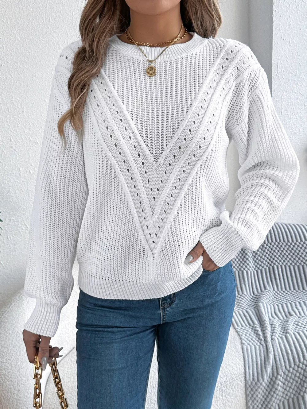 Openwork Round Neck Sweater, image 7