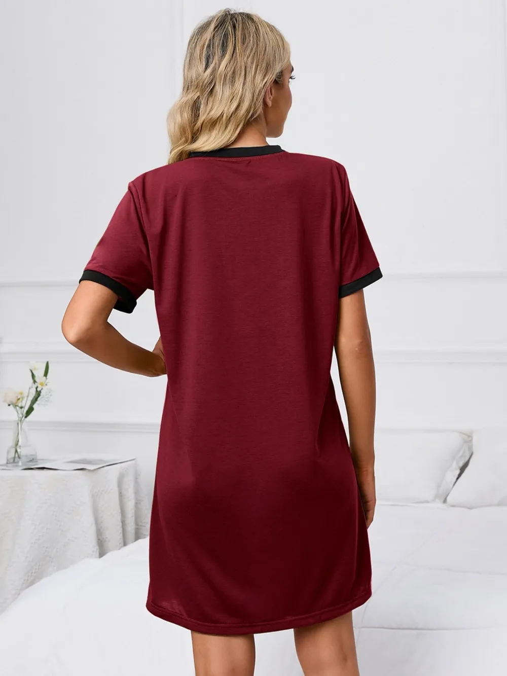 Contrast Trim Round Neck Mini Dress, image 3