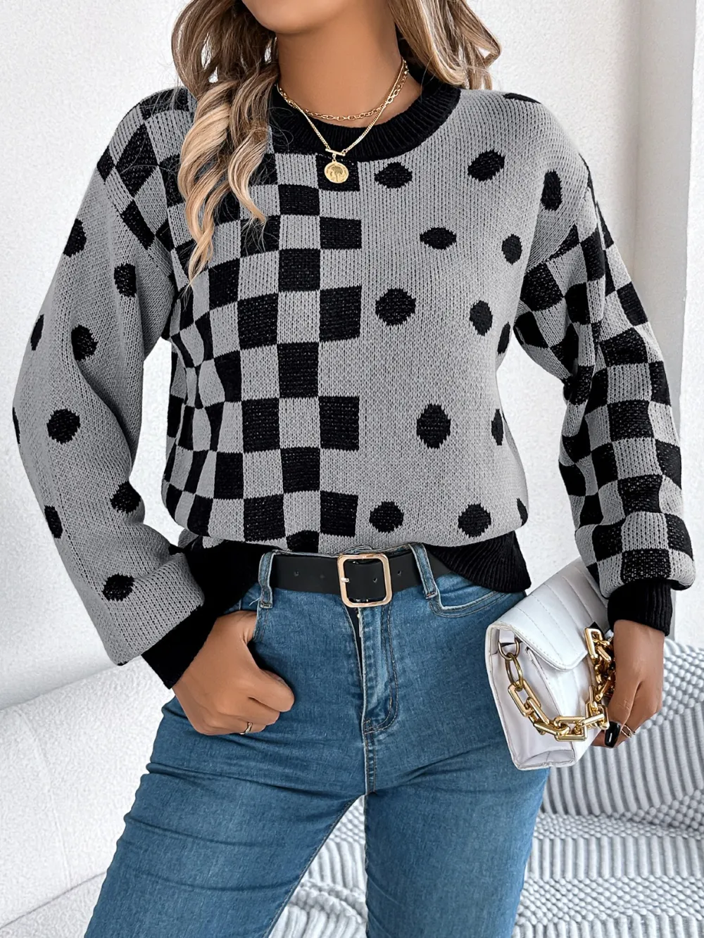 Plaid Round Neck Long Sleeve Sweater, image 2