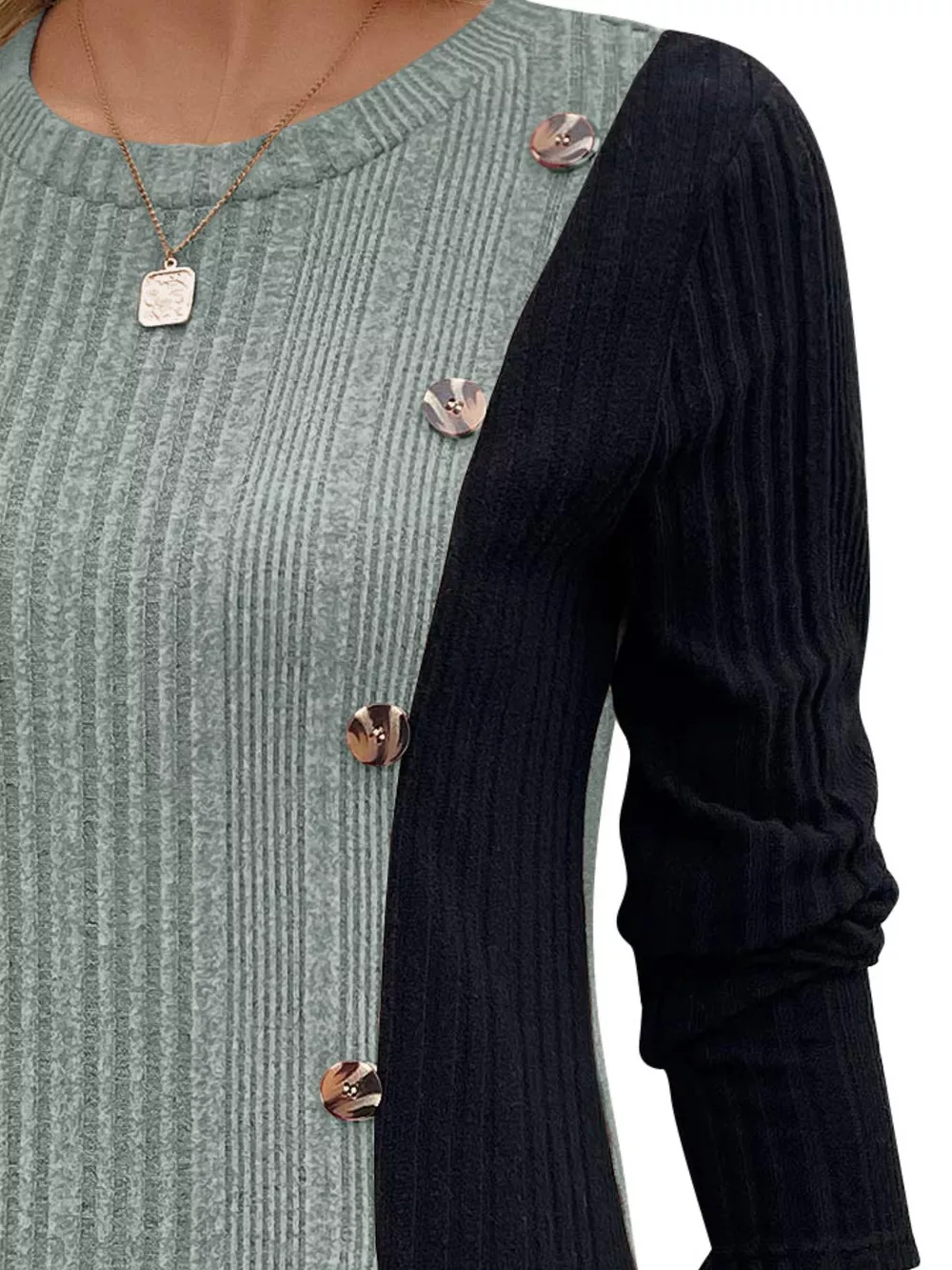 Color Block Ribbed Knit Decor Button T-Shirt, image 3