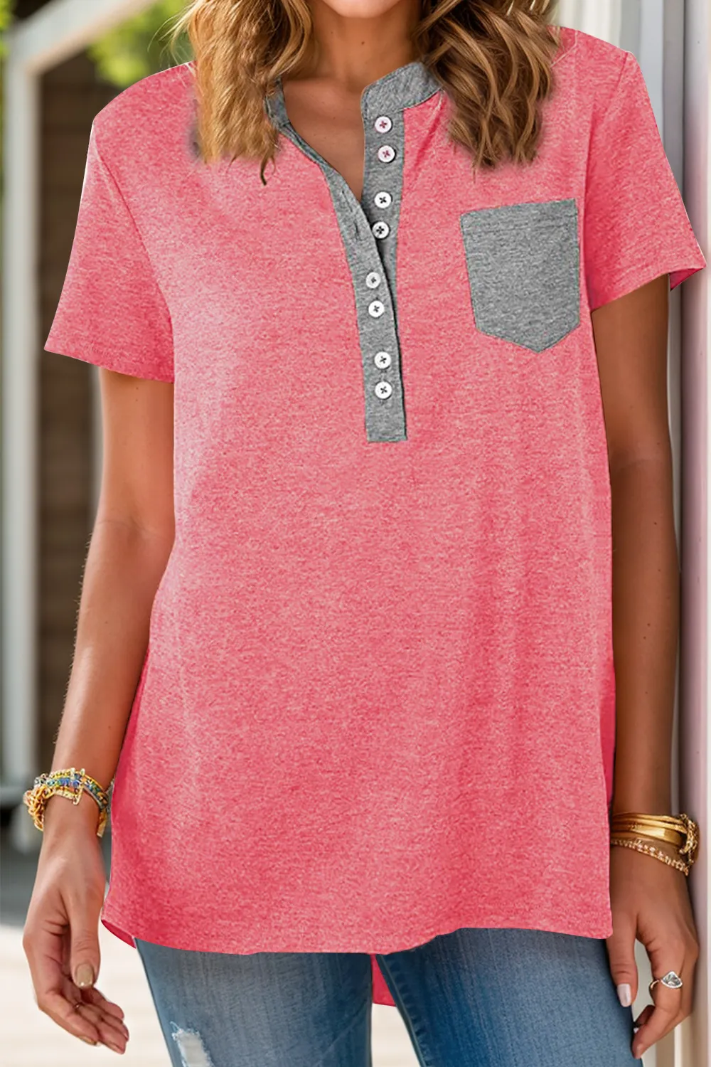 Full Size Half Button Short Sleeve T-Shirt, image 8